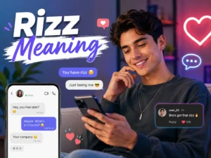 Rizz meaning in text, slang and TikTok with a young man texting, chat bubbles, hearts and social media reactions.