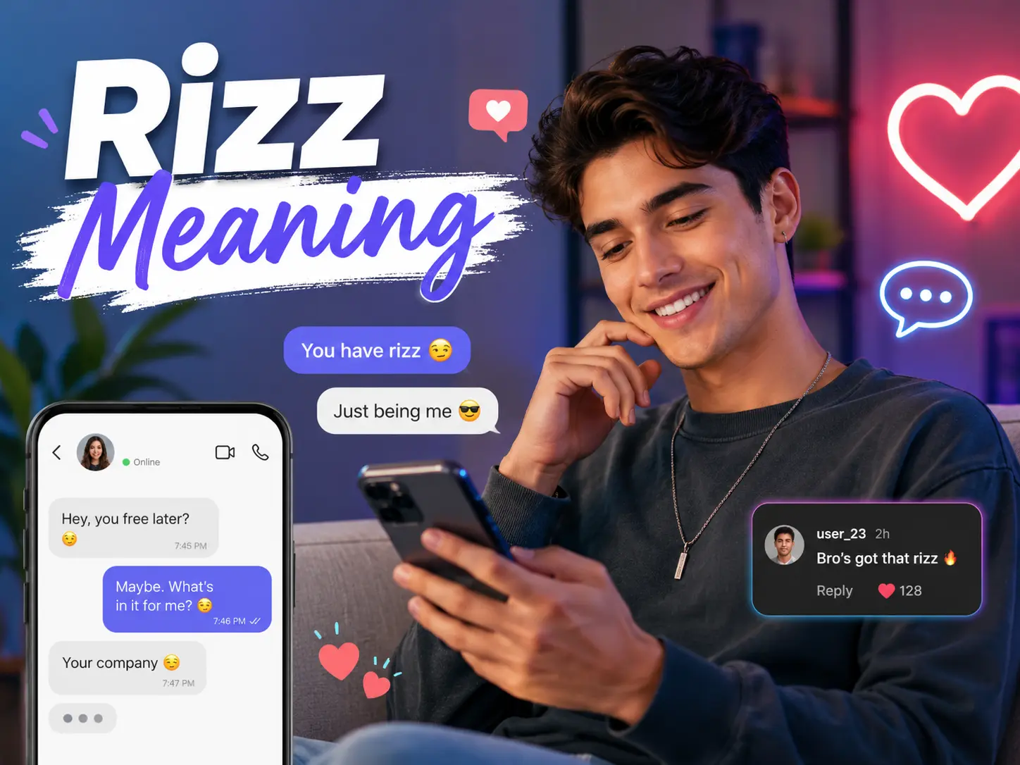 Rizz meaning in text, slang and TikTok with a young man texting, chat bubbles, hearts and social media reactions.