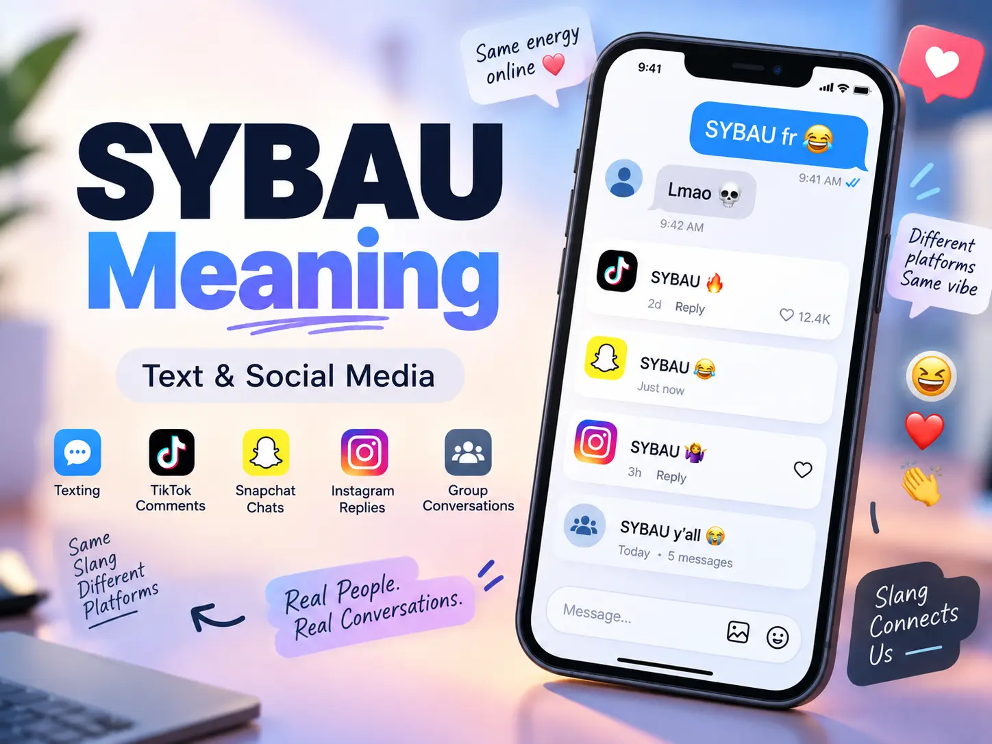 SYBAU meaning featured image showing the slang used in texting, TikTok, Snapchat, Instagram, and group conversations.