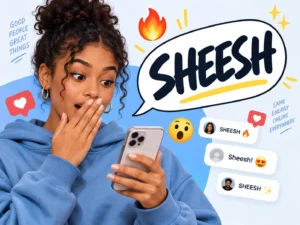 Sheesh meaning slang illustration showing a surprised woman reacting to social media comments with the word SHEESH, fire, heart, and shocked emojis.