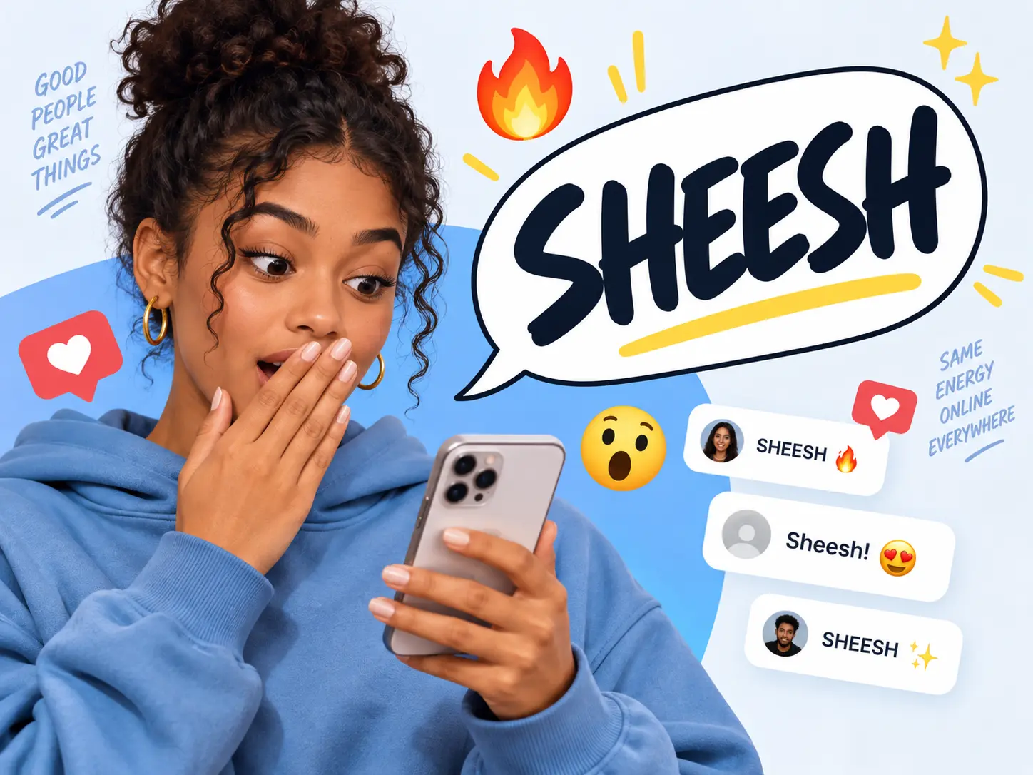 Sheesh meaning slang illustration showing a surprised woman reacting to social media comments with the word SHEESH, fire, heart, and shocked emojis.