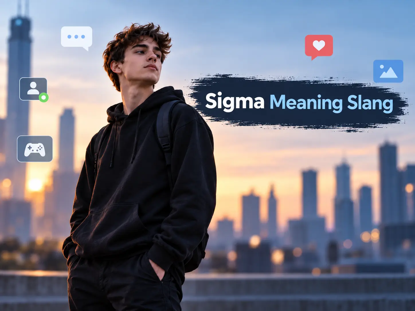 Featured image for sigma meaning slang showing a confident young man with social media and gaming icons in a modern city setting.
