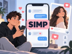 Simp meaning slang illustration showing a person texting a crush with hearts, chat messages, and the word SIMP on a smartphone.