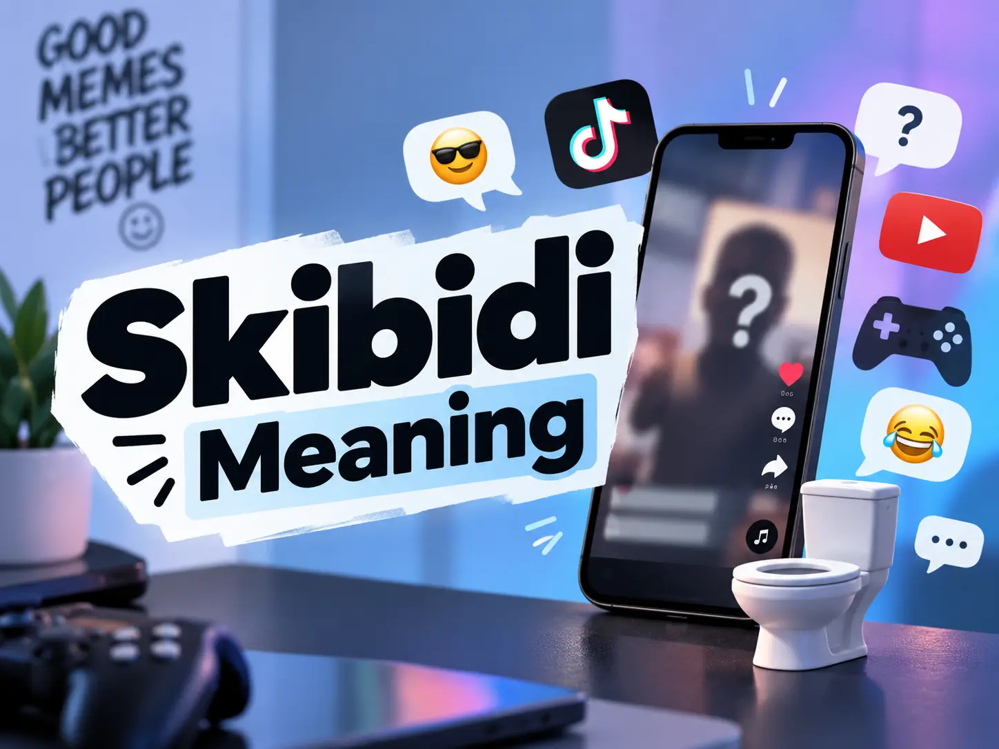 Skibidi Meaning featured image with smartphone, social media icons, gaming elements, emojis, and meme-inspired visuals.