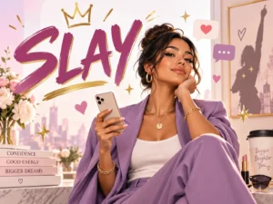 Slay meaning slang featured image showing a confident woman with a smartphone, stylish outfit, crown, hearts, and social media symbols.
