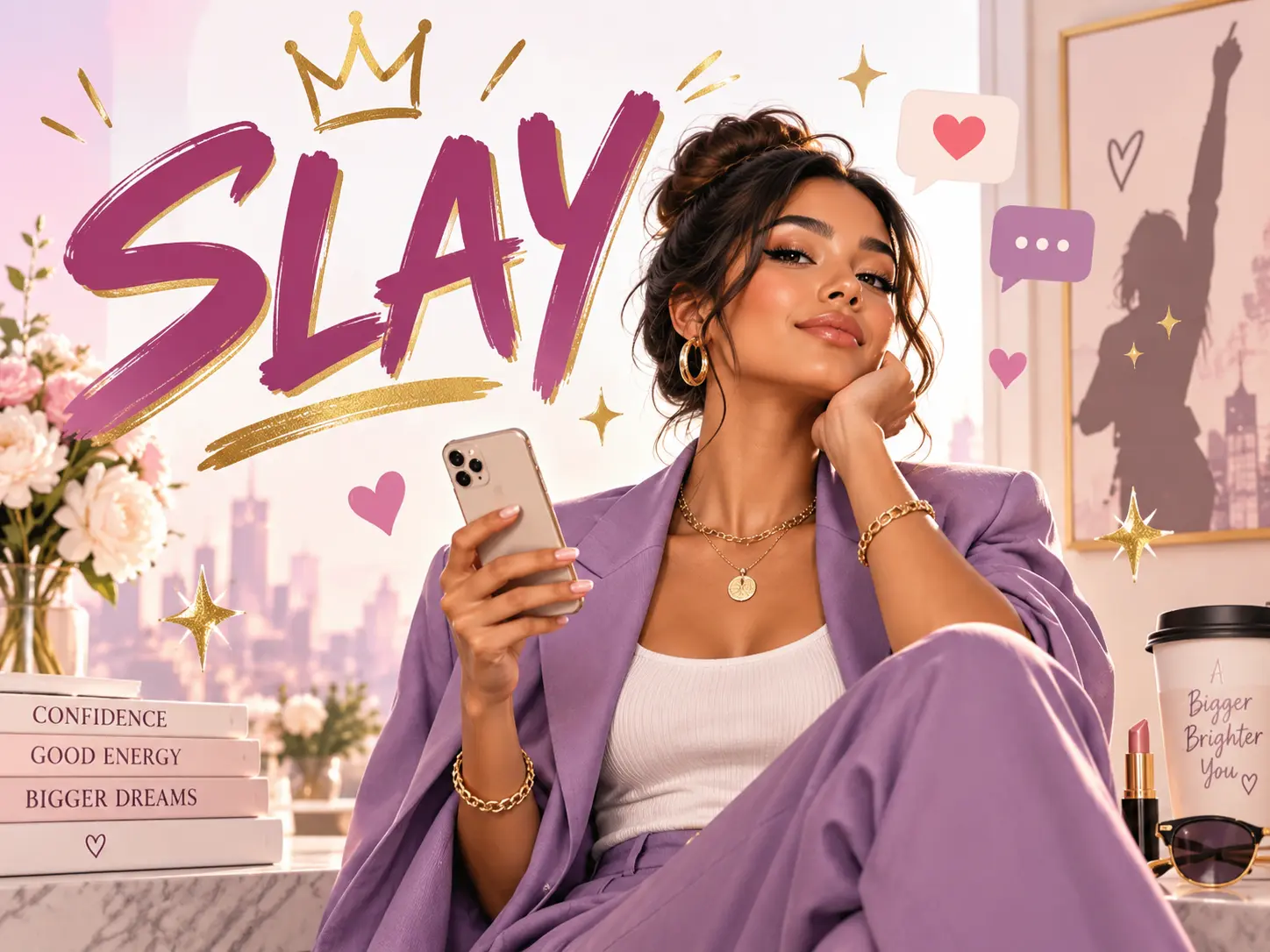 Slay meaning slang featured image showing a confident woman with a smartphone, stylish outfit, crown, hearts, and social media symbols.
