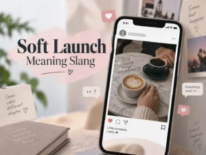 Soft Launch Meaning Slang featured image showing a subtle relationship reveal on social media with two coffee cups, a partner’s hand, and a vague romantic post.