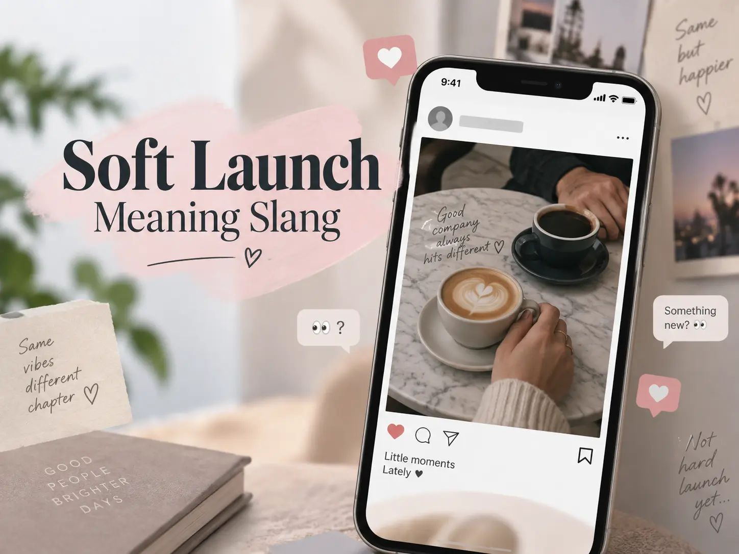Soft Launch Meaning Slang featured image showing a subtle relationship reveal on social media with two coffee cups, a partner’s hand, and a vague romantic post.