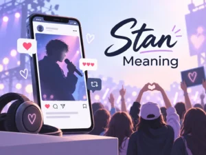 Stan meaning featured image showing a devoted fan at a concert with social media likes and fan community icons.