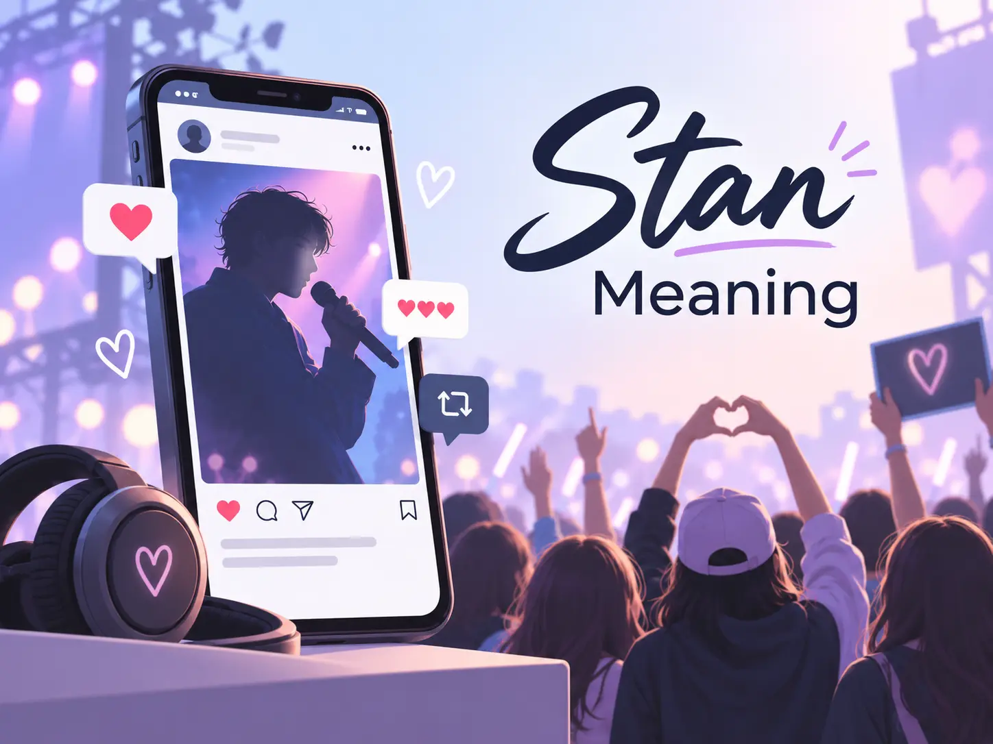 Stan meaning featured image showing a devoted fan at a concert with social media likes and fan community icons.