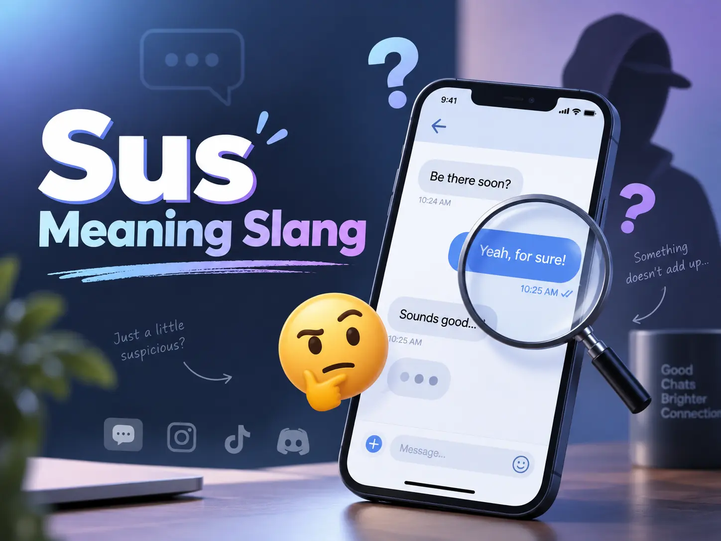 Sus meaning slang featured image with smartphone chat messages, magnifying glass, question marks, and a suspicious reaction emoji.