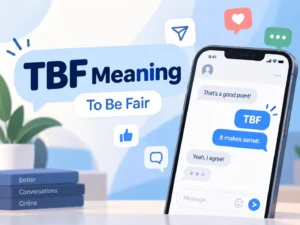 TBF Meaning featured image showing “To Be Fair” with a smartphone chat conversation and social media messaging icons.