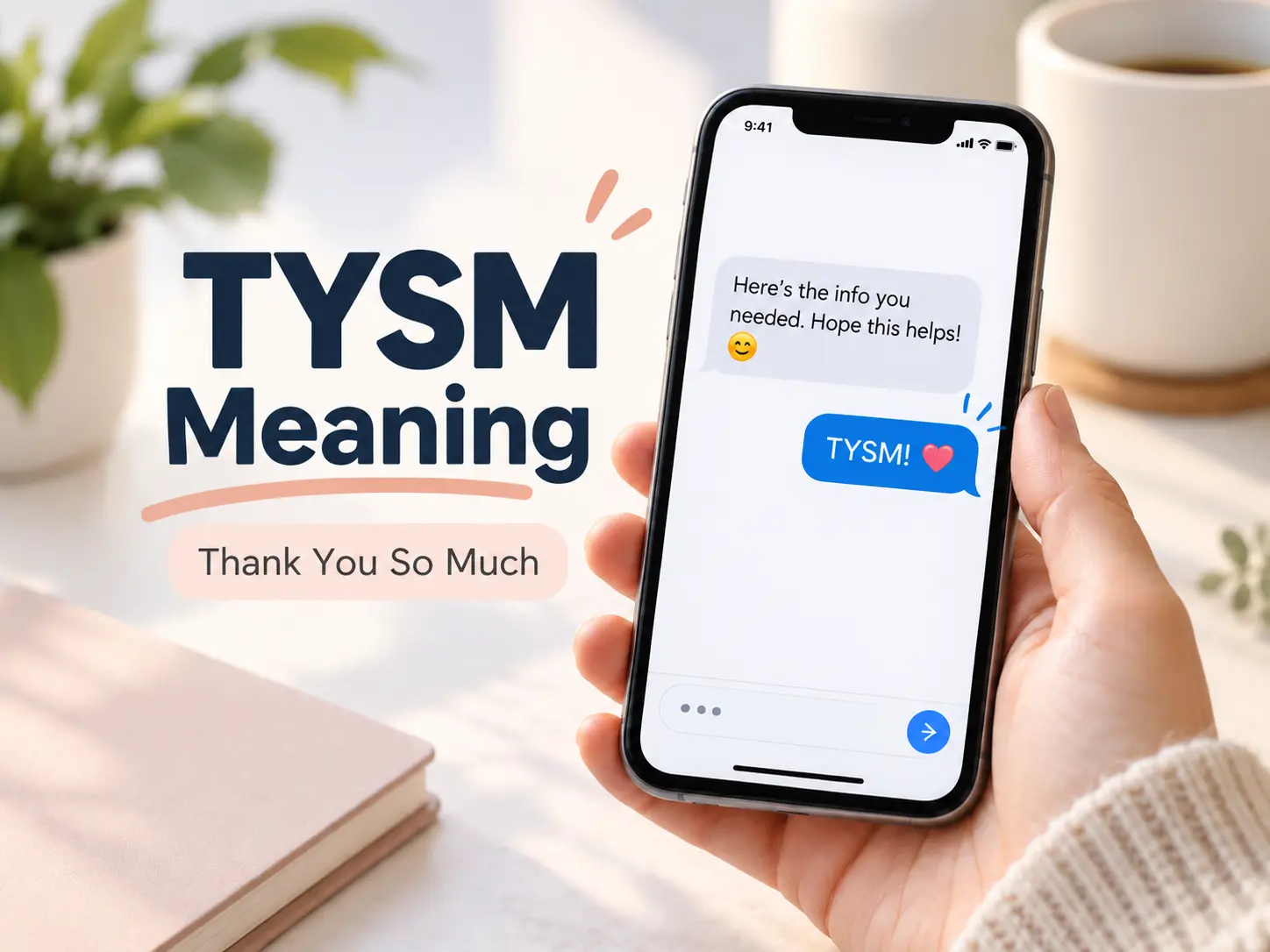 TYSM meaning featured image showing a smartphone text conversation with “TYSM” and “Thank You So Much.”