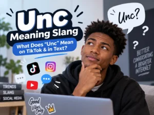 Young man thinking beside bold “Unc Meaning Slang” text with TikTok, Instagram, and YouTube icons, illustrating what “unc” means on social media and in texting.