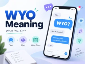 WYO Meaning featured image with a smartphone chat showing “WYO?” and “What You On?” for texting slang.