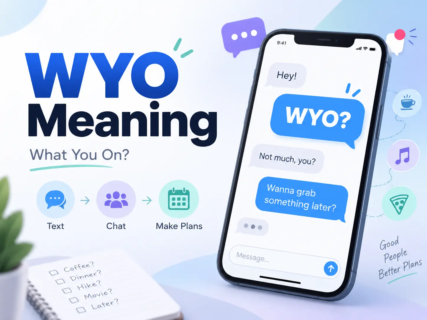 WYO Meaning featured image with a smartphone chat showing “WYO?” and “What You On?” for texting slang.