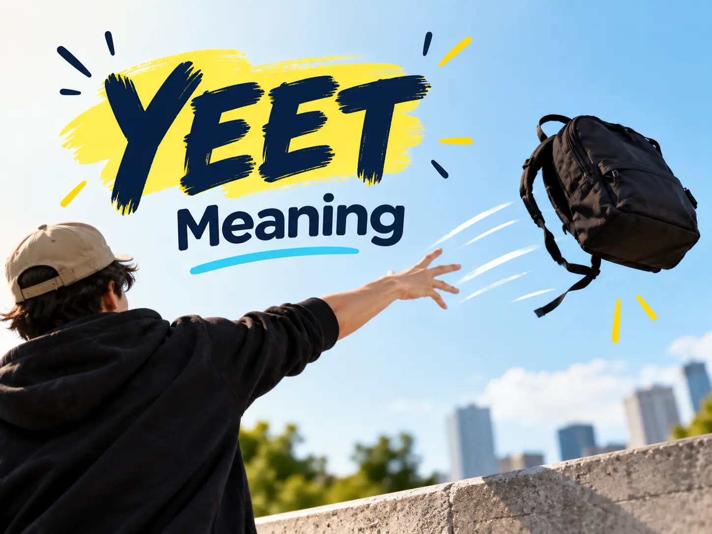 Featured image illustrating yeet meaning with a person forcefully throwing a backpack and bold “Yeet Meaning” text.