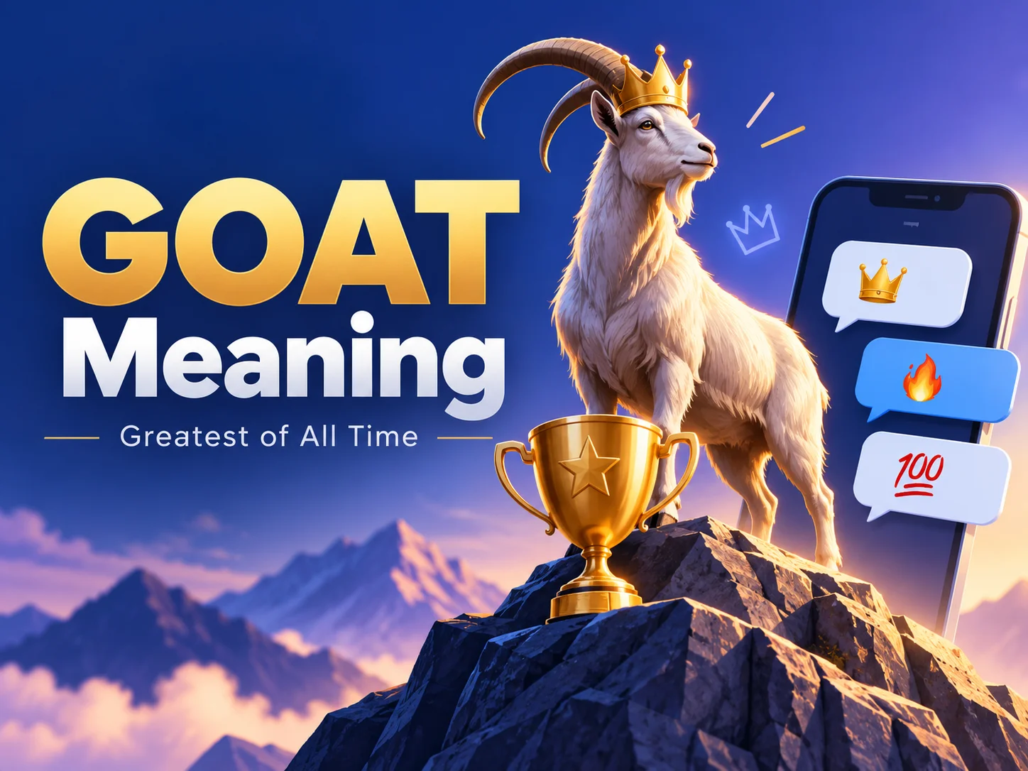 GOAT Meaning – Greatest of All Time slang illustrated with a crowned goat, golden trophy, and social media chat symbols.