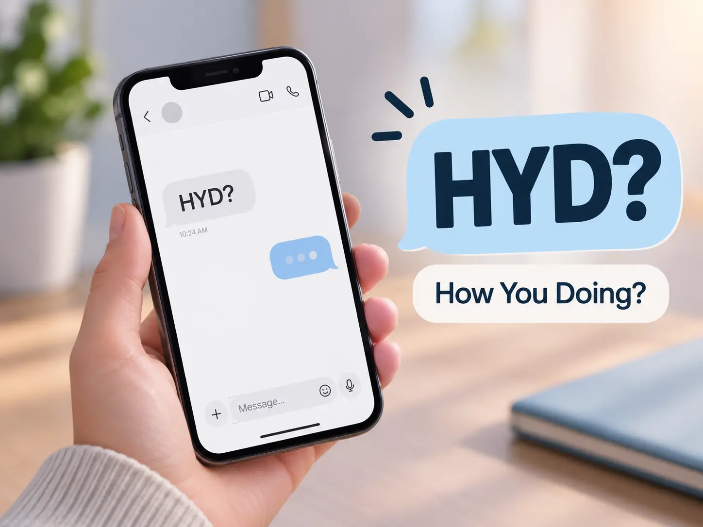 HYD meaning in text shown on a smartphone chat, explaining HYD as “How You Doing?”