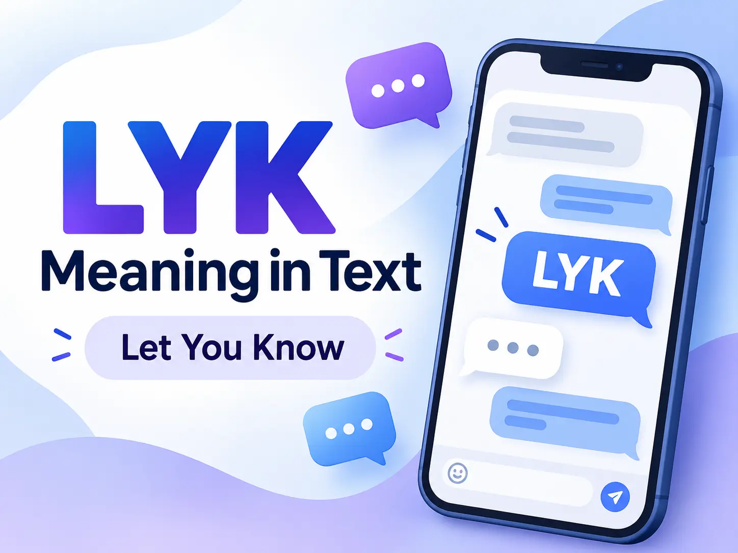 LYK Meaning in Text explained as Let You Know, featuring a smartphone with chat bubbles illustrating the texting abbreviation.