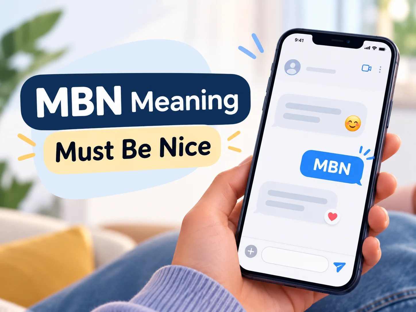 MBN Meaning featured image showing “MBN” as “Must Be Nice” with a smartphone chat conversation.