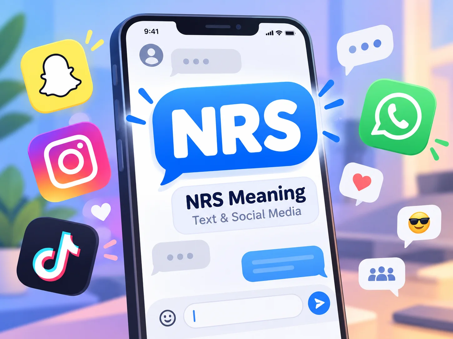 NRS Meaning featured image showing a smartphone chat screen with NRS, texting bubbles, and social media icons representing Snapchat, Instagram, TikTok, and WhatsApp.