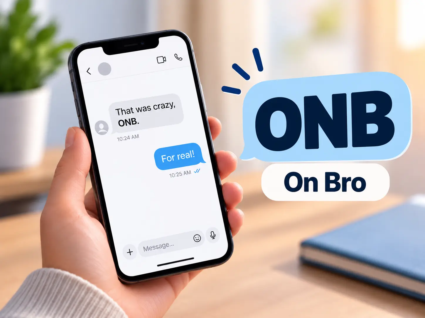 ONB meaning in text shown on a smartphone chat, explaining ONB as “On Bro” with a casual texting example.