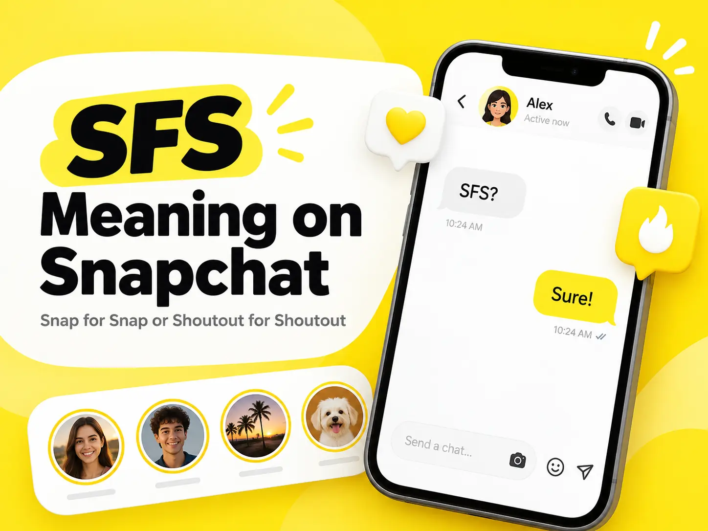 SFS Meaning on Snapchat featured image showing a chat with “SFS?” and explaining Snap for Snap or Shoutout for Shoutout.