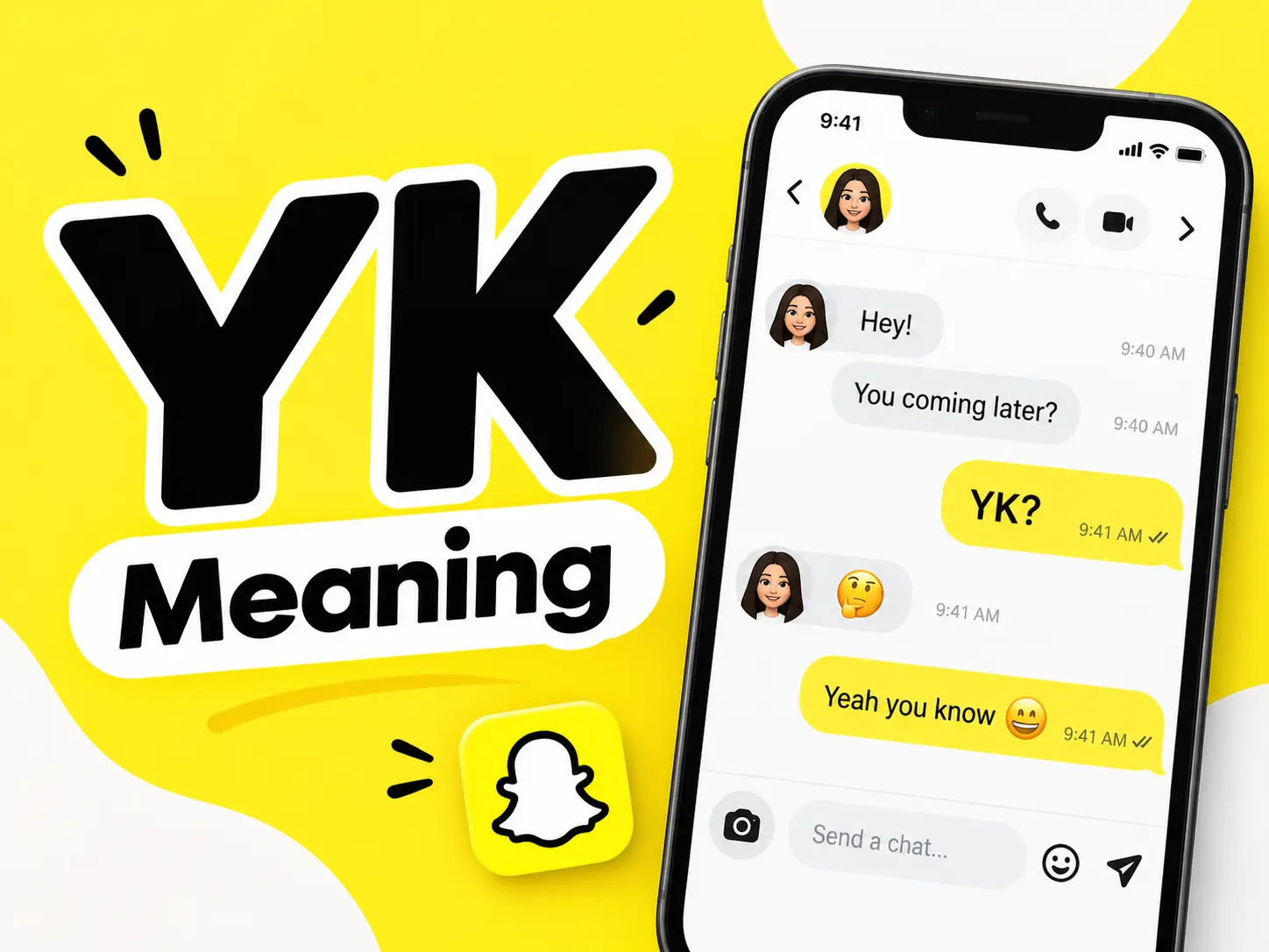 YK Meaning in text, chat, and Snapchat explained with a smartphone conversation showing how YK means “You Know.”